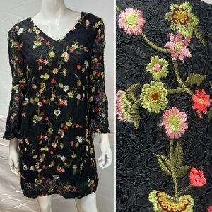 Tahari ASL 4P Petites Black Lace Floral Bell Sleeve Tunic Mini Dress